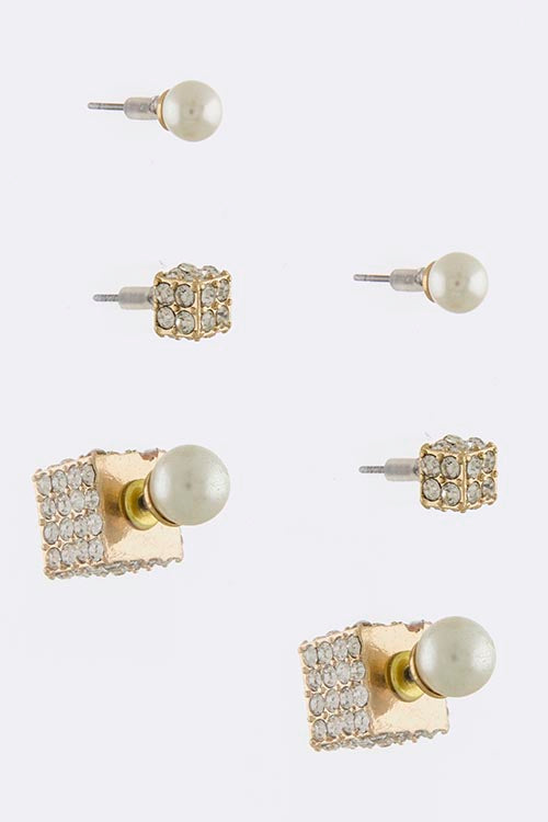 Crystal Encrusted Cube Double Stud Earrings